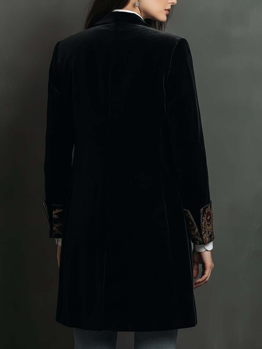 Théodora™ | Blazer preto para mulher de corte justo com lapelas e estampado barroco
