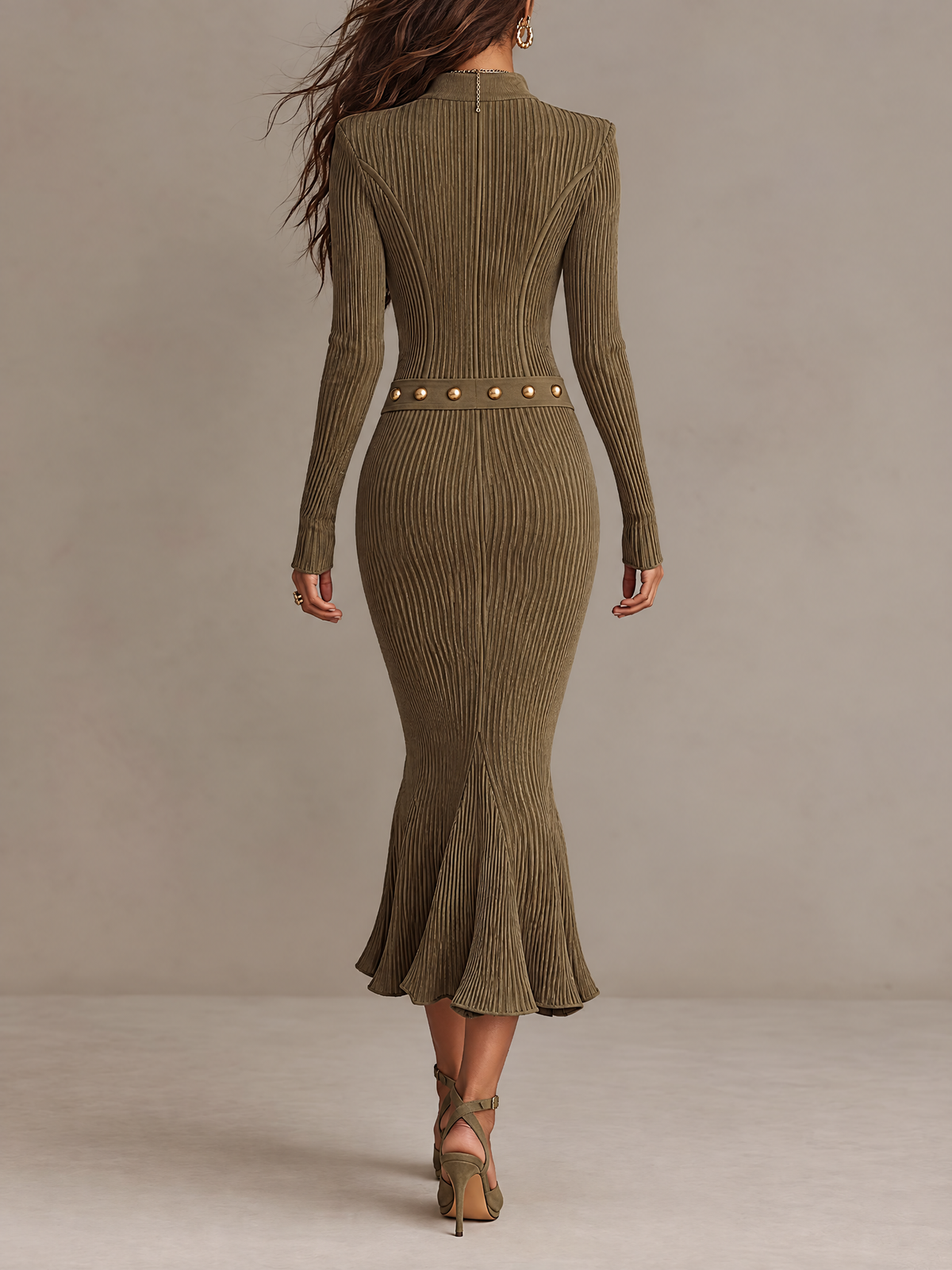 Marta™ | Vestido Midi de Malha Canelada com Fecho e Cinto de Tachas