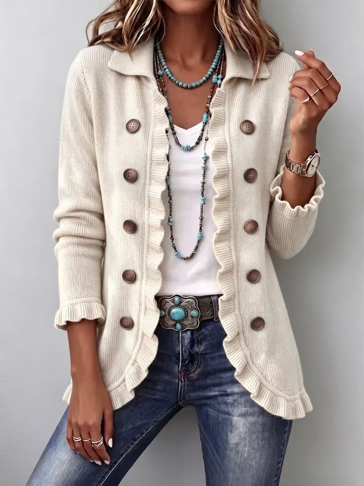 Florence™ | Casaco em Tricot Marfim com folhos