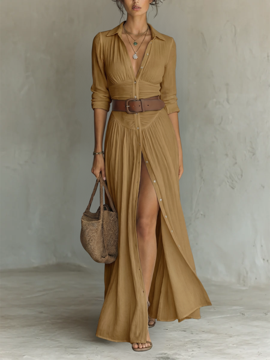 Matilde™ | Vestido Comprido de Algodão e Linho com Gola