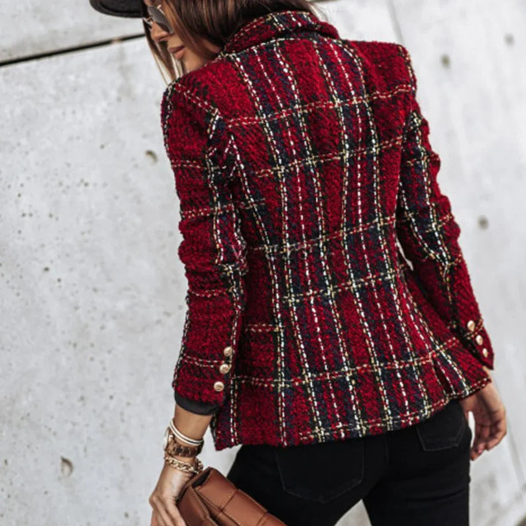 Valérie™ | Blazer de Malha aos Xadrez para Mulher de Manga Comprida