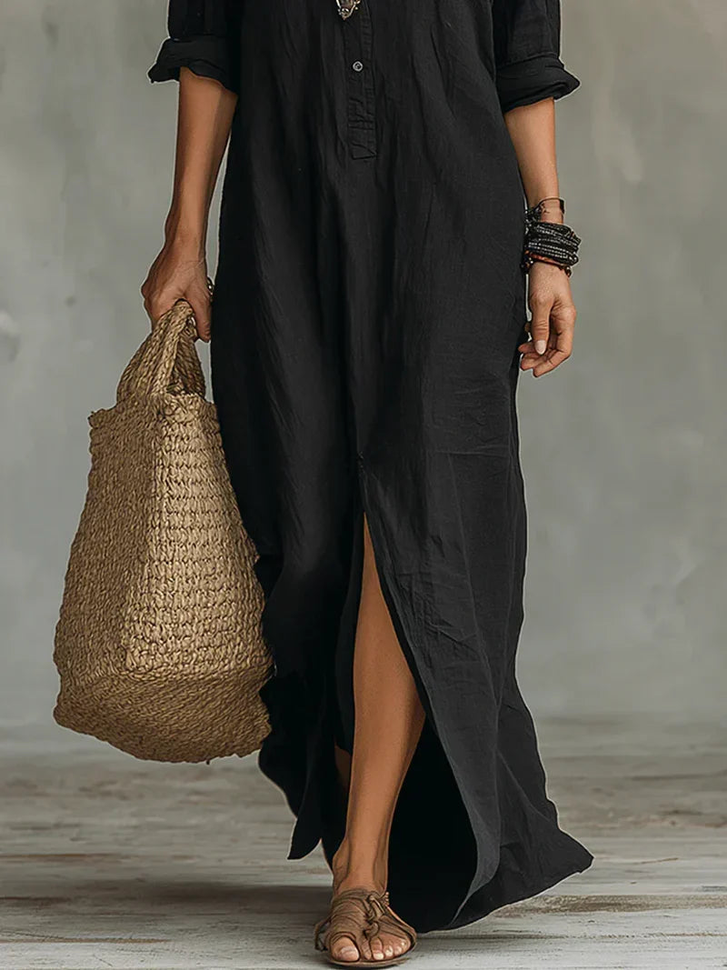 Céline™ | Vestido Maxi Preto Largo com Botões