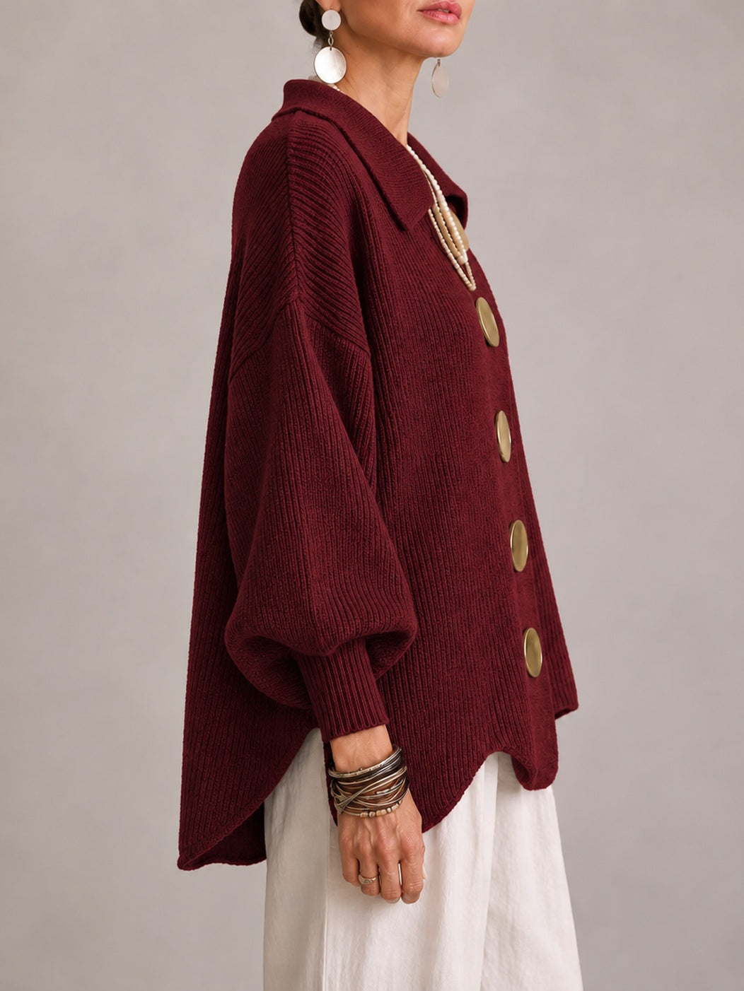 Maëlys™ | Cardigã Oversize Canelado com Bainha Festonada