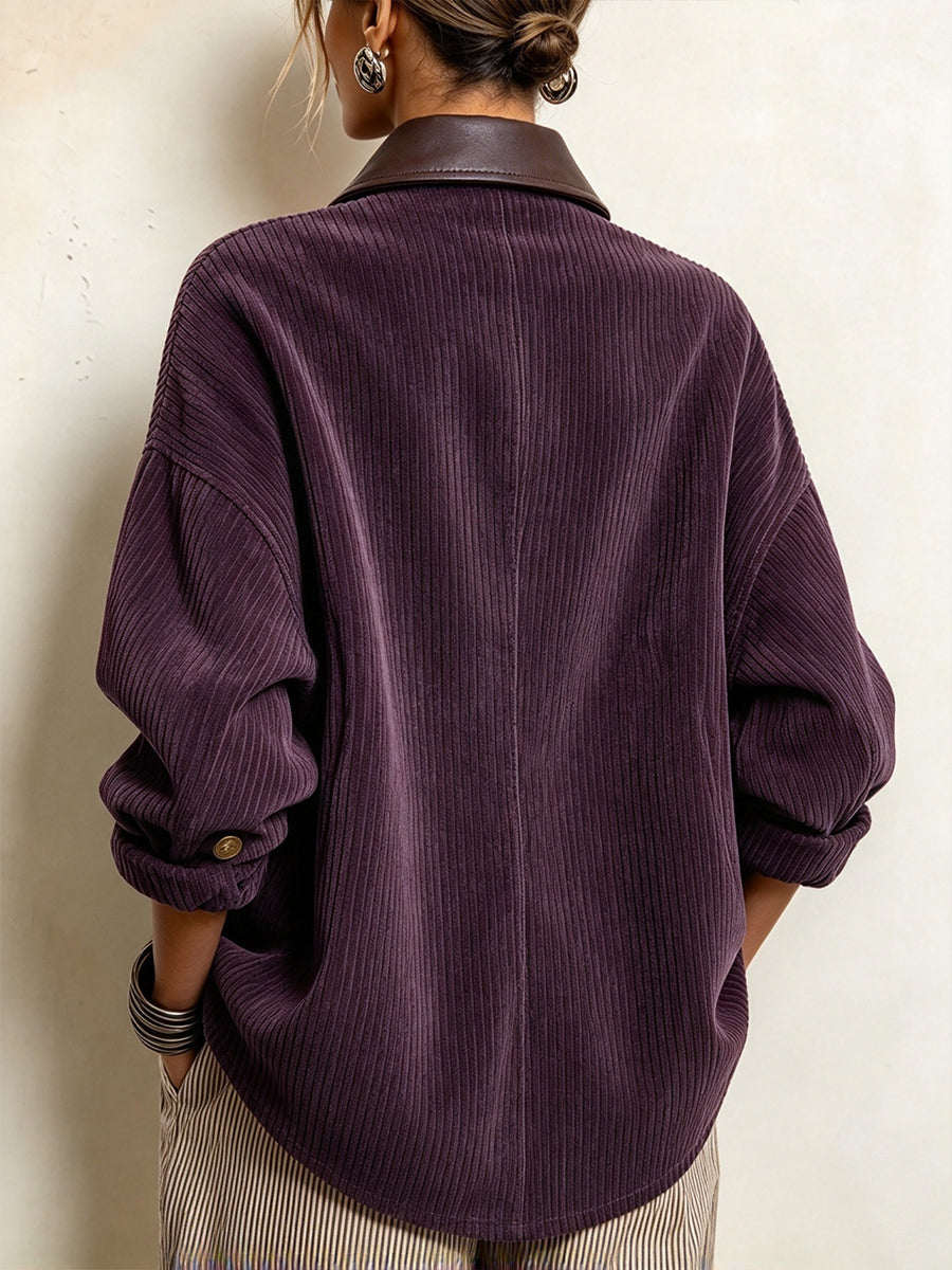 Ombeline™ | Camisa-Casaco de Veludo Cotelê com Abotoamento Diagonal, Ameixa