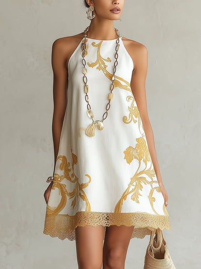 Héloïse™ | Vestido Mini em Renda Branca com Padrões Dourados