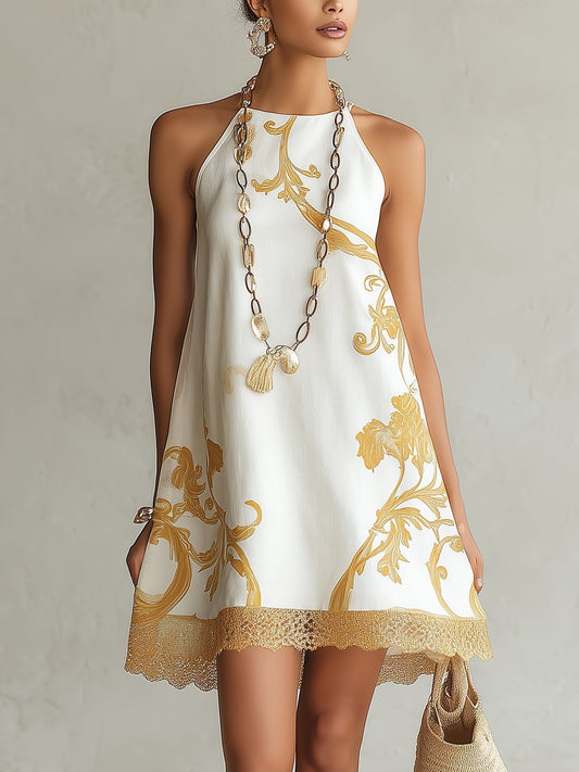 Héloïse™ | Vestido Mini em Renda Branca com Padrões Dourados