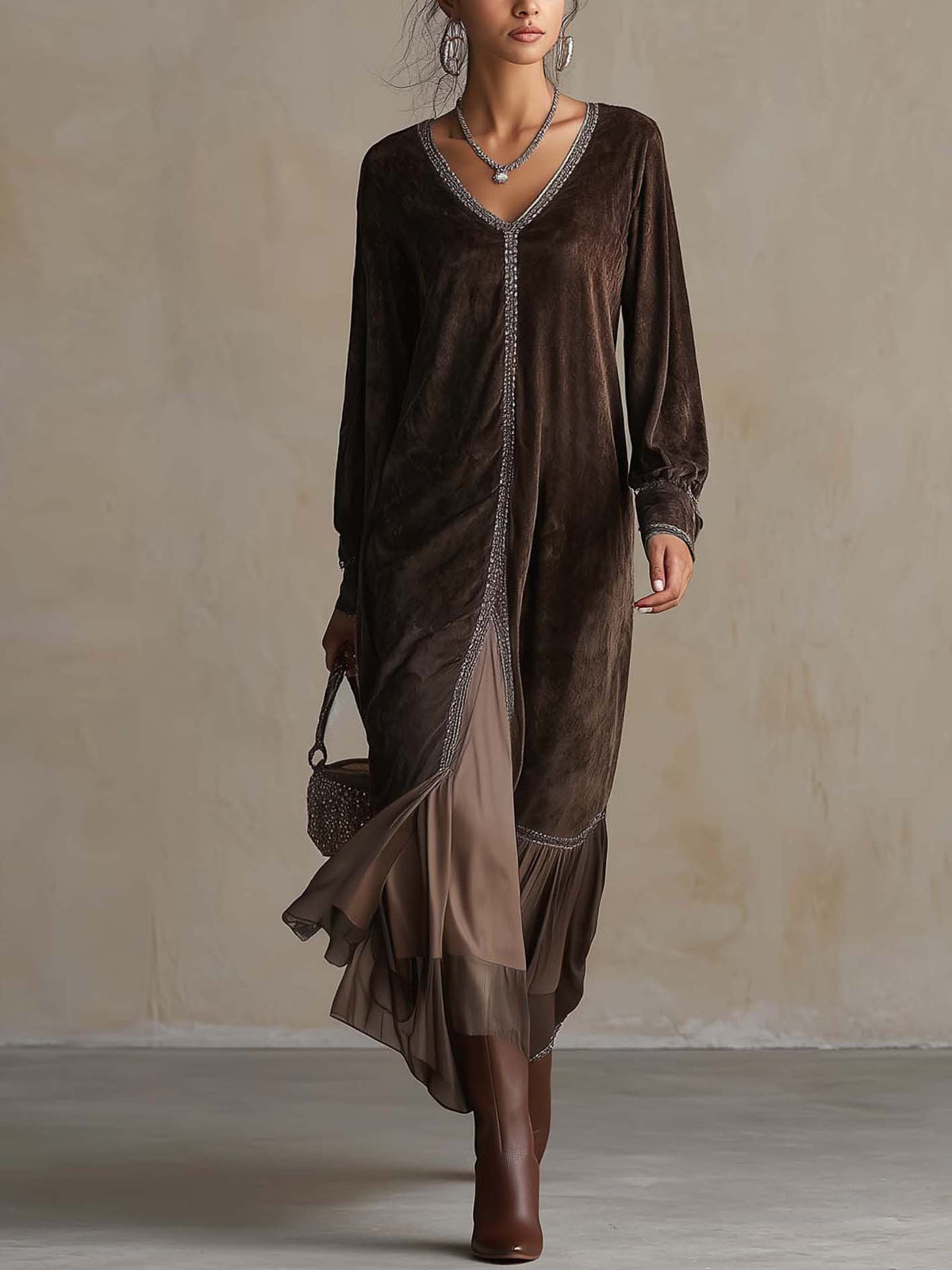 Teresa™ | Vestido Midi Efeito Camurça com Decote em V