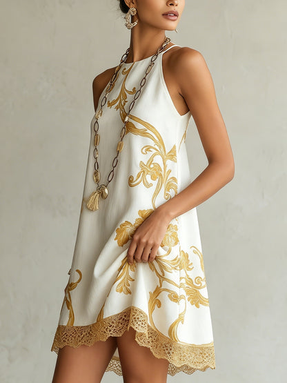 Héloïse™ | Vestido Mini em Renda Branca com Padrões Dourados