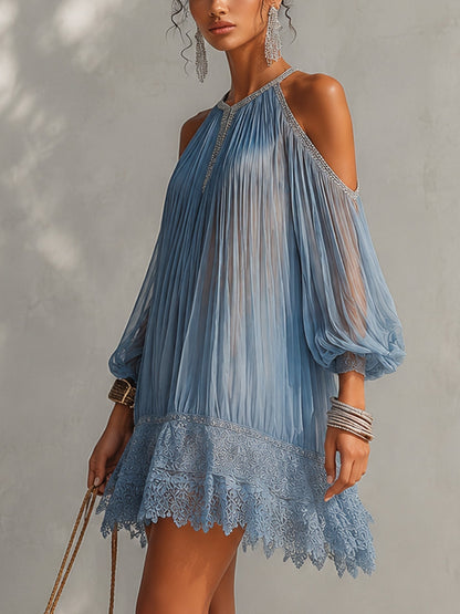 Céleste™ | Mini Vestido Azul de Ombros Descobertos Franzido com Bainha em Renda