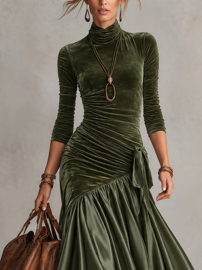 Nerea™ | Vestido Comprido de Veludo e Cetim com Bainha de Renda