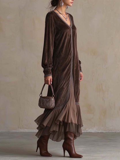 Teresa™ | Vestido Midi Efeito Camurça com Decote em V