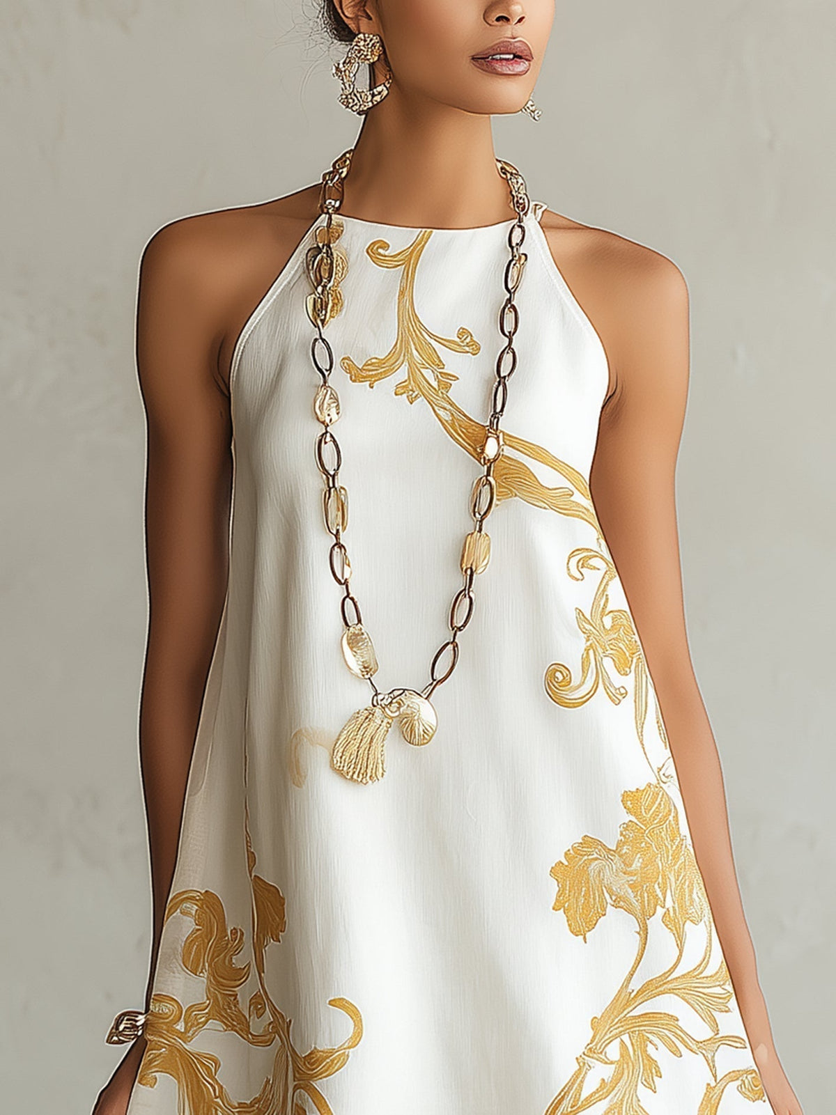 Héloïse™ | Vestido Mini em Renda Branca com Padrões Dourados