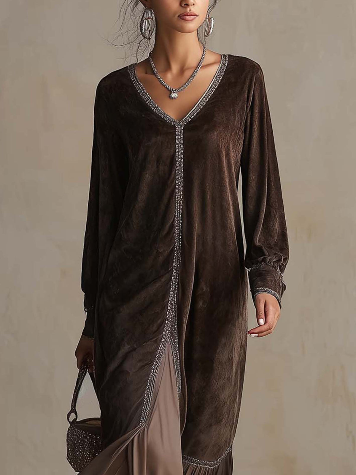 Teresa™ | Vestido Midi Efeito Camurça com Decote em V