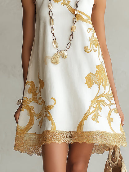 Héloïse™ | Vestido Mini em Renda Branca com Padrões Dourados