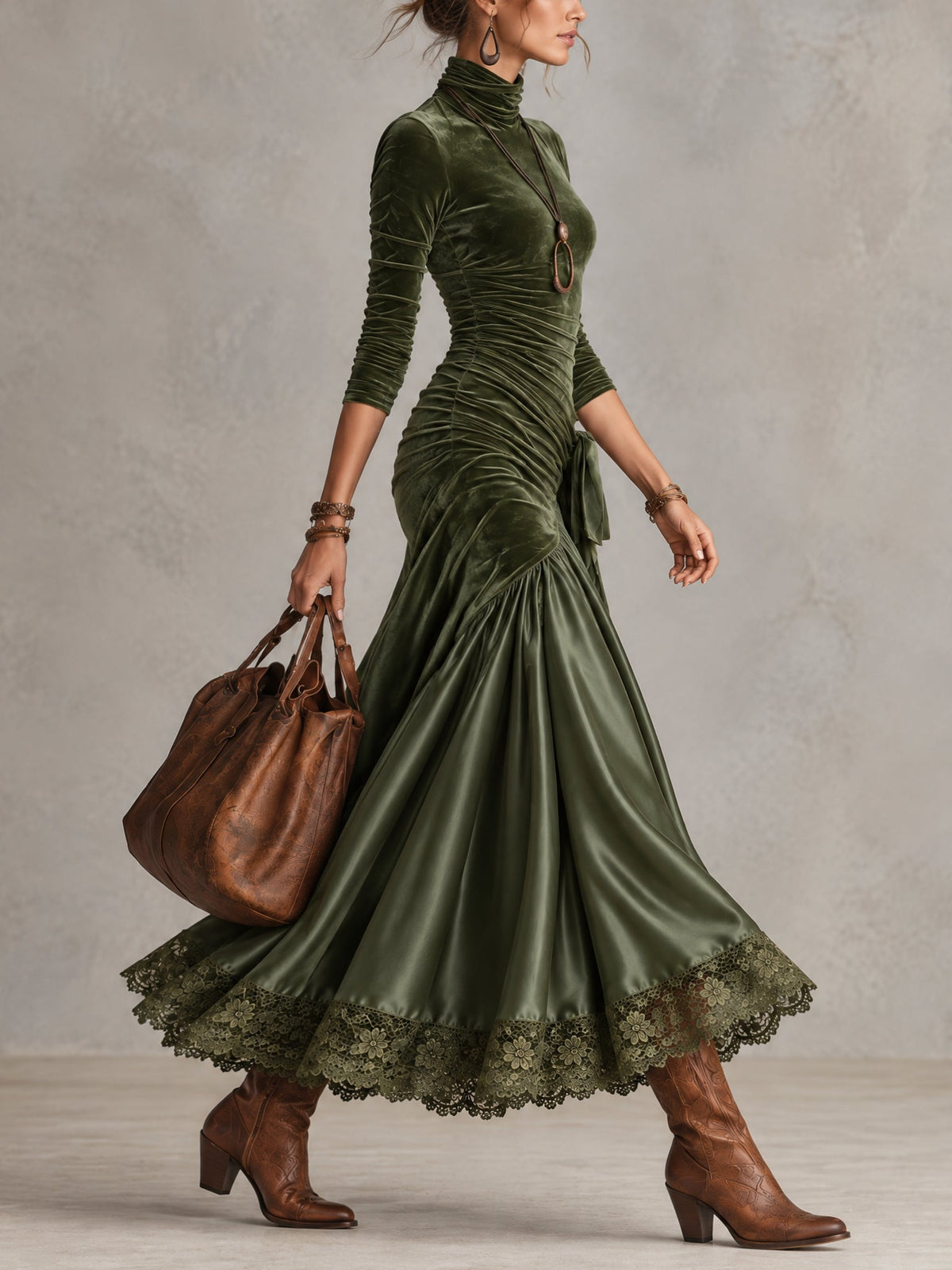 Nerea™ | Vestido Comprido de Veludo e Cetim com Bainha de Renda