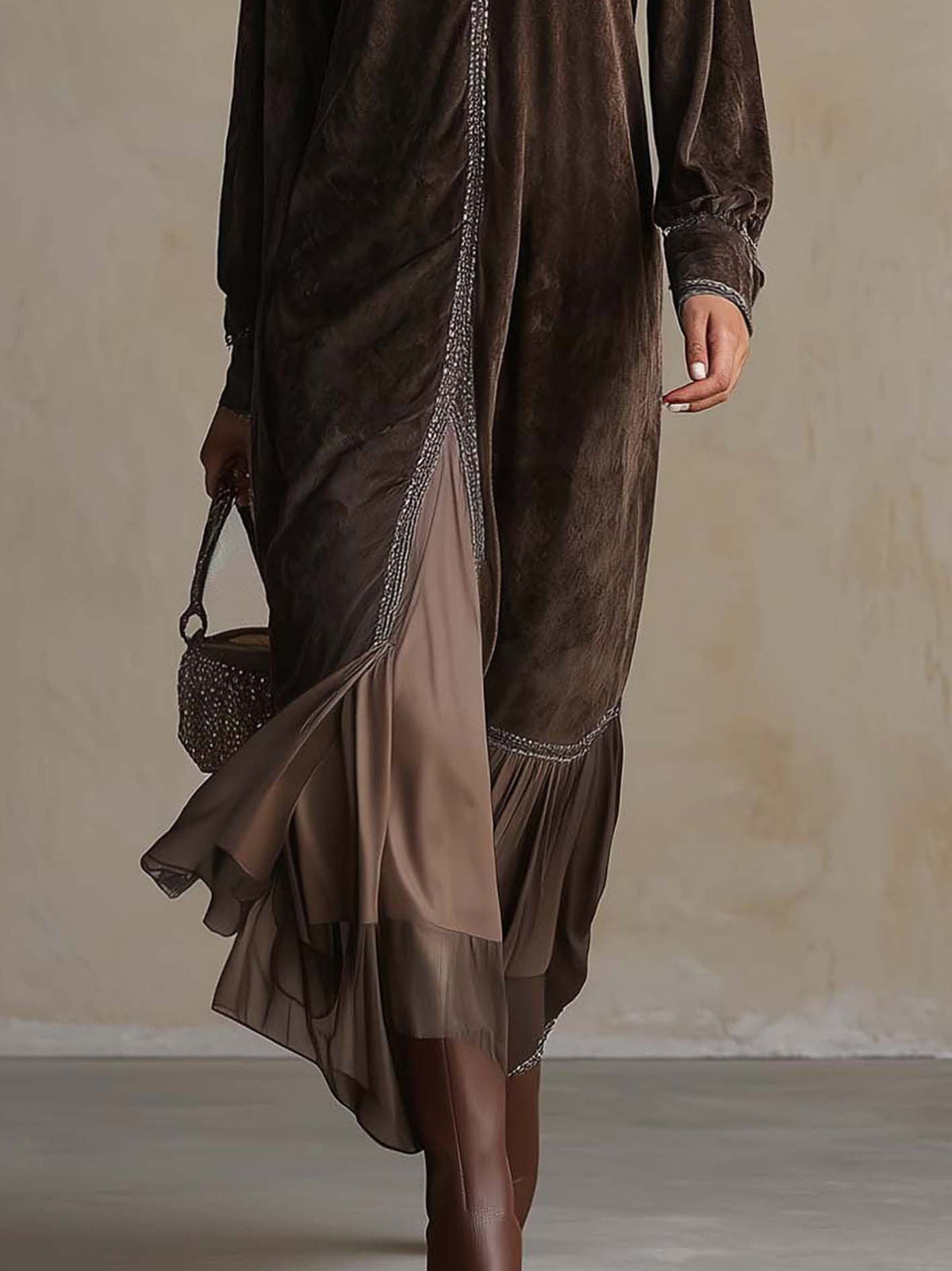 Teresa™ | Vestido Midi Efeito Camurça com Decote em V