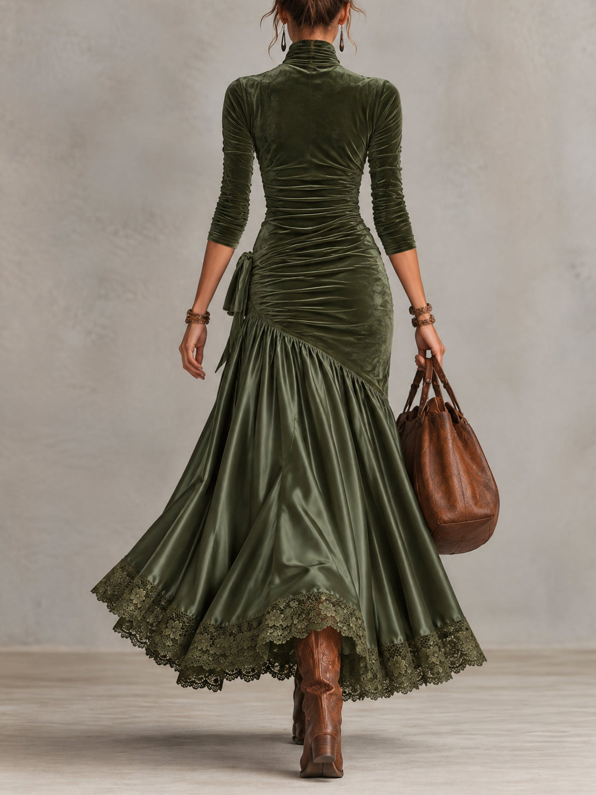 Nerea™ | Vestido Comprido de Veludo e Cetim com Bainha de Renda