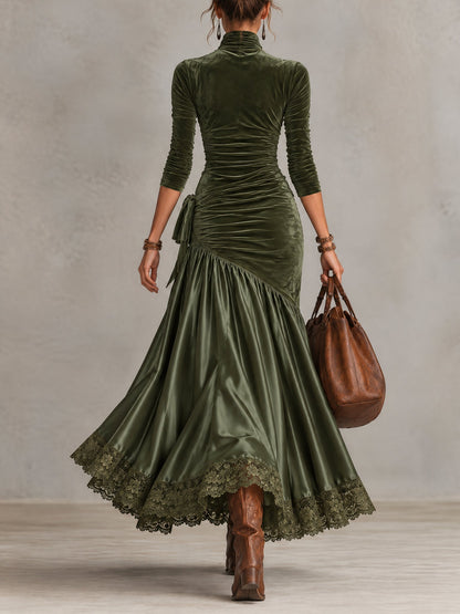 Nerea™ | Vestido Comprido de Veludo e Cetim com Bainha de Renda