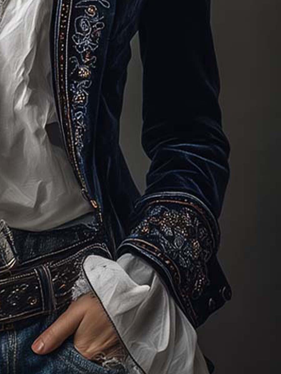 Perrine™ | Casaco comprido vintage para mulher azul-marinho bordado