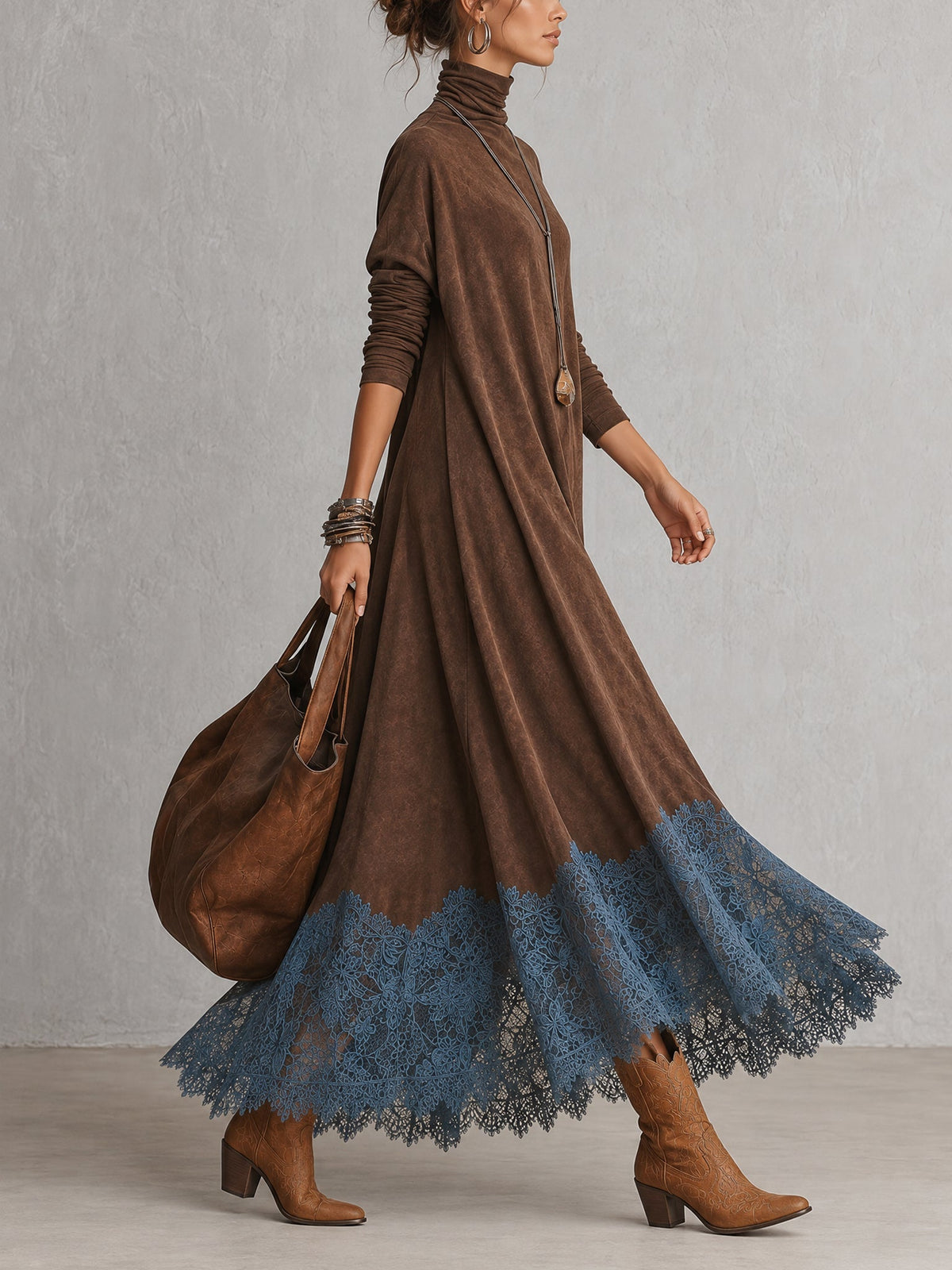 Brunella™ | Vestido Comprido Efeito Camurça com Bainha de Renda