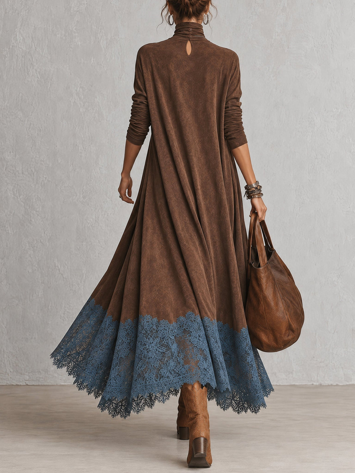 Brunella™ | Vestido Comprido Efeito Camurça com Bainha de Renda