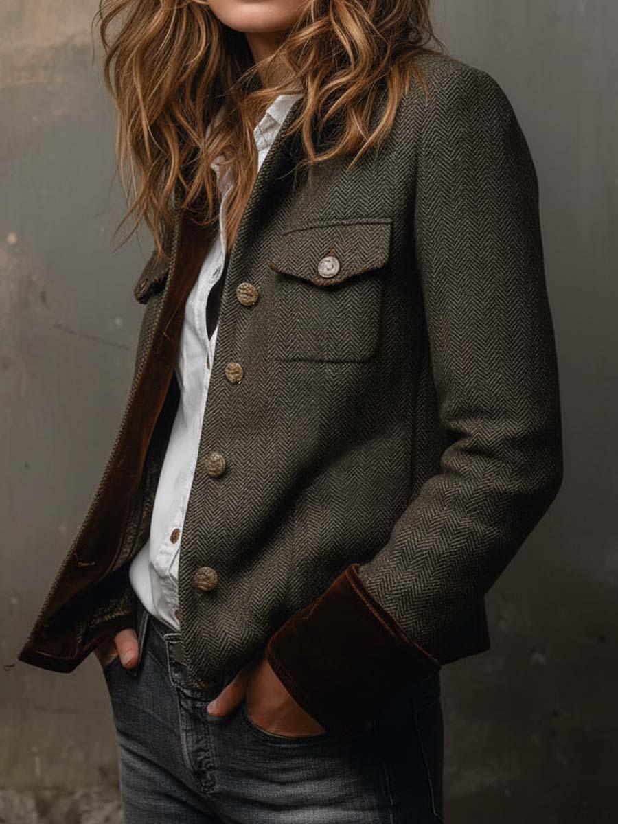 Ombeline™ | Blazer vintage para mulher com padrão espinhado e rebordos contrastantes