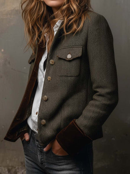 Ombeline™ | Blazer vintage para mulher com padrão espinhado e rebordos contrastantes