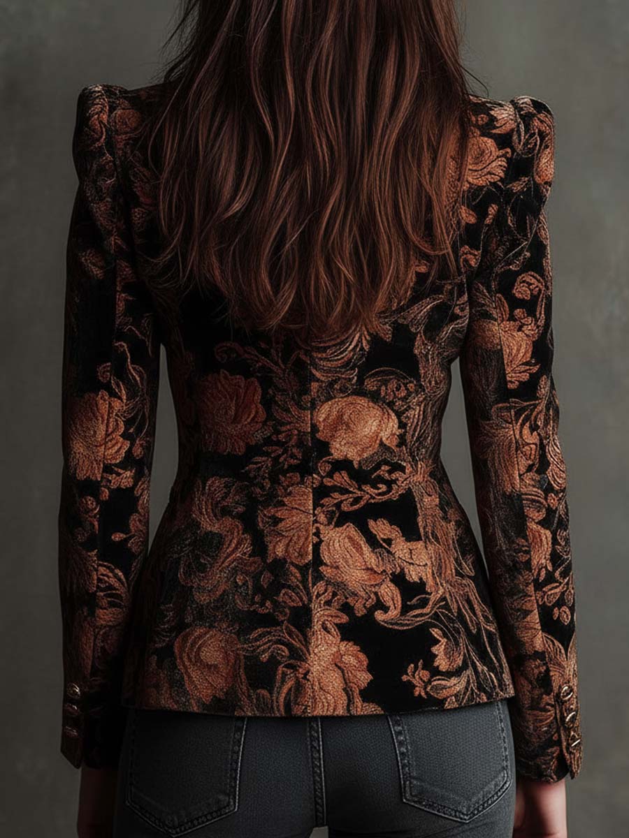 Clémentine™ | Blazer de corte de alfaiataria para mulher com padrão floral preto e bronze