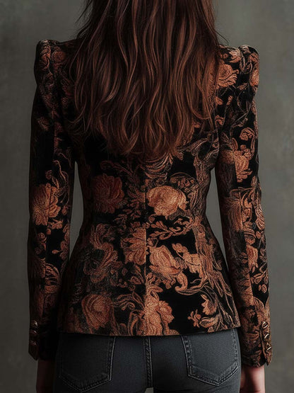 Clémentine™ | Blazer de corte de alfaiataria para mulher com padrão floral preto e bronze