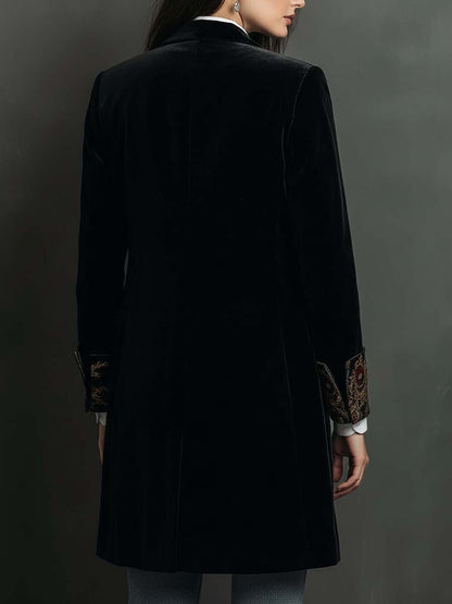 Théodora™ | Blazer preto para mulher de corte justo com lapelas e estampado barroco