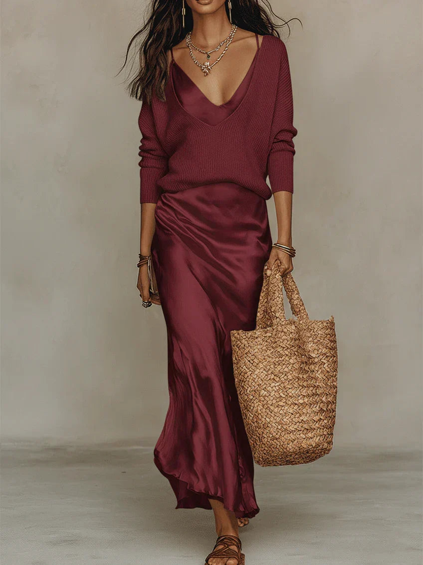 Capucine™ | Vestido midi acetinado elegante