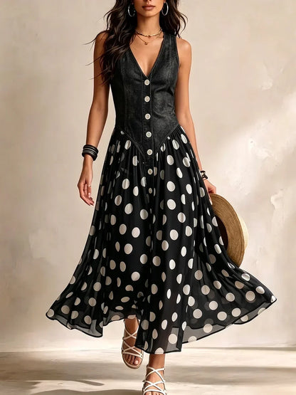 Benedita™ | Vestido Comprido Efeito Ganga com Bolinhas