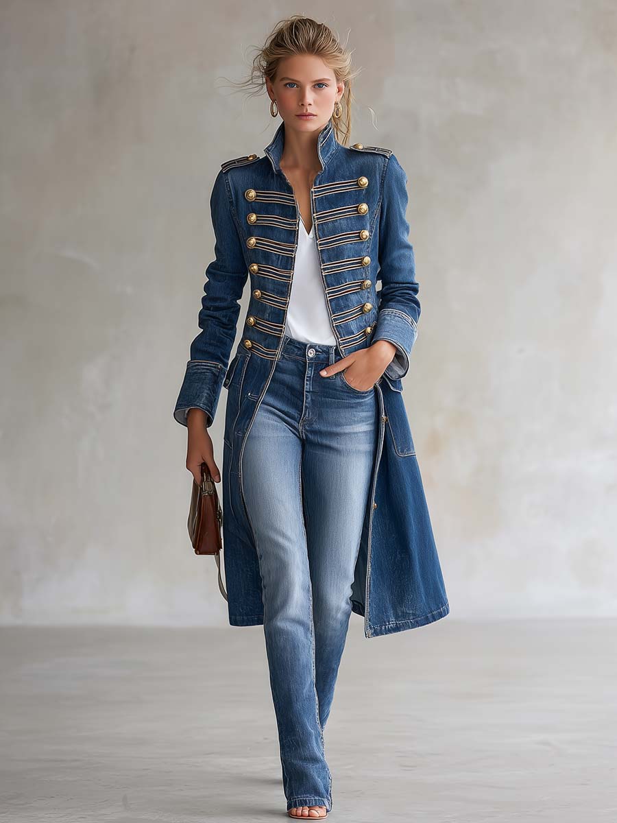 Dália™ | Casaco Comprido de Ganga Estilo Militar com Botões Dourados