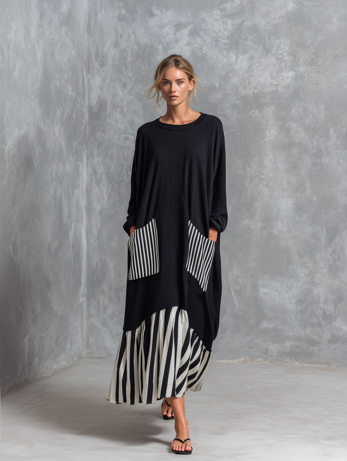 Alba™ | Vestido Comprido Oversize de Algodão com Riscas