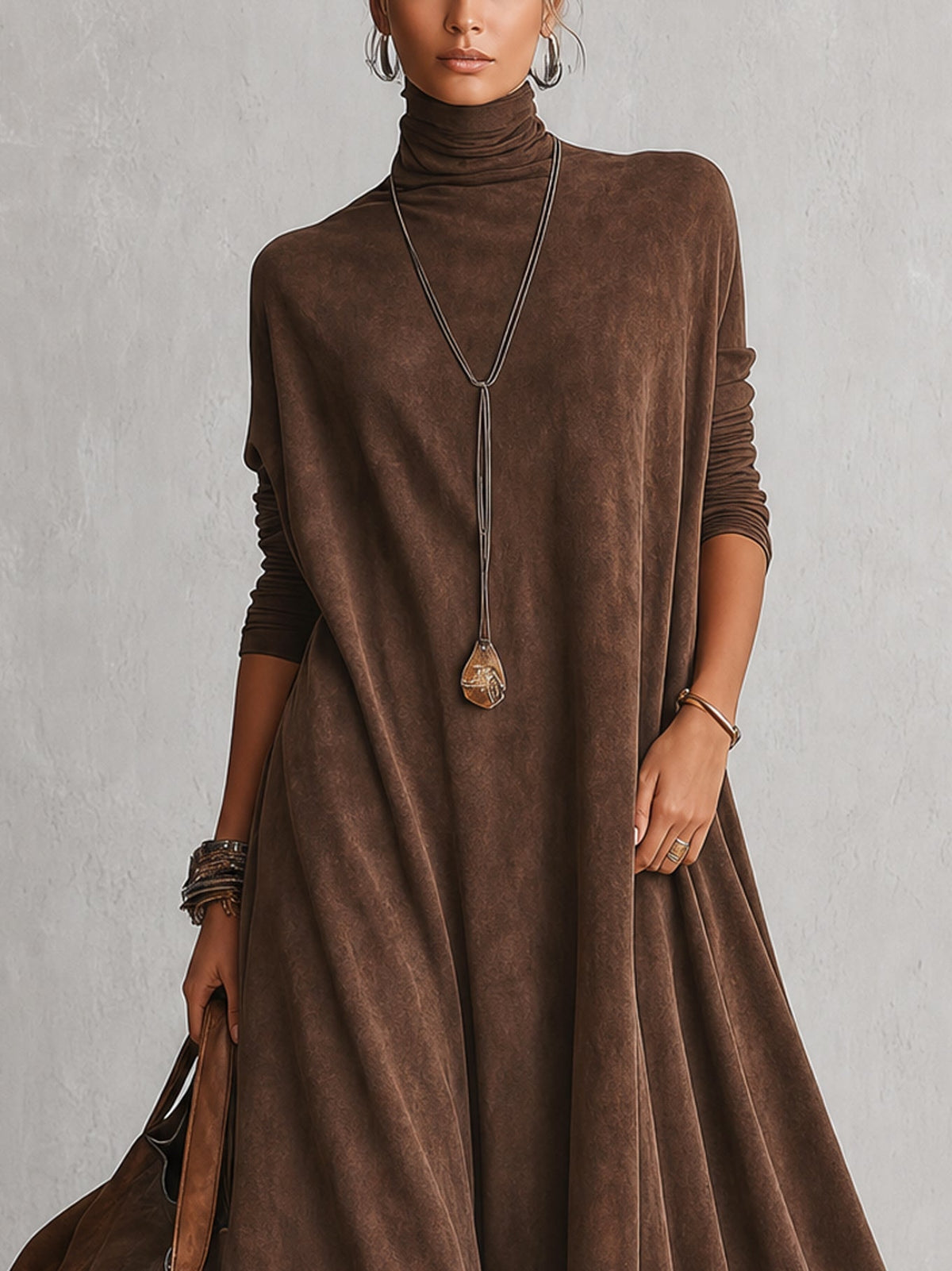 Brunella™ | Vestido Comprido Efeito Camurça com Bainha de Renda