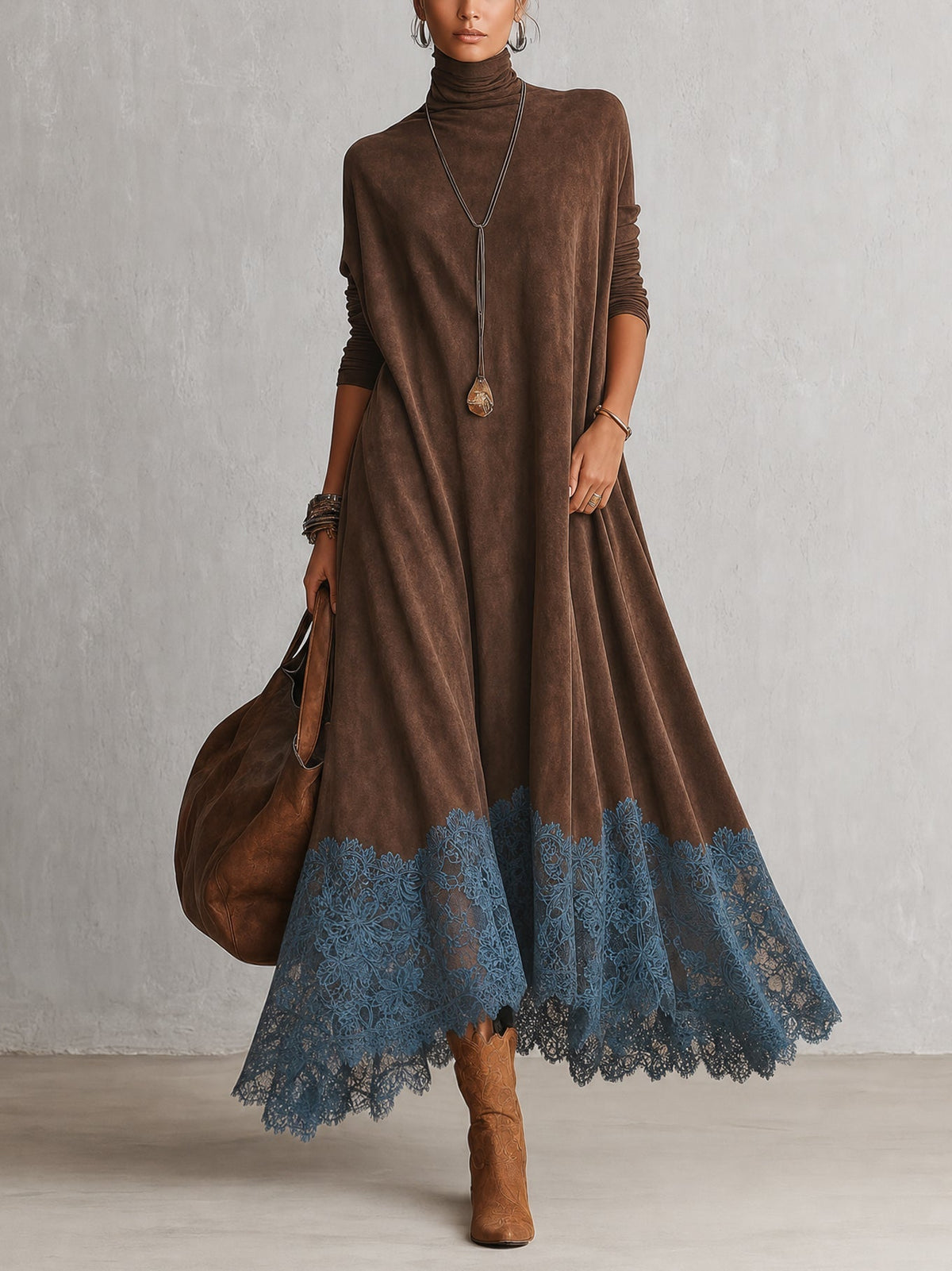 Brunella™ | Vestido Comprido Efeito Camurça com Bainha de Renda