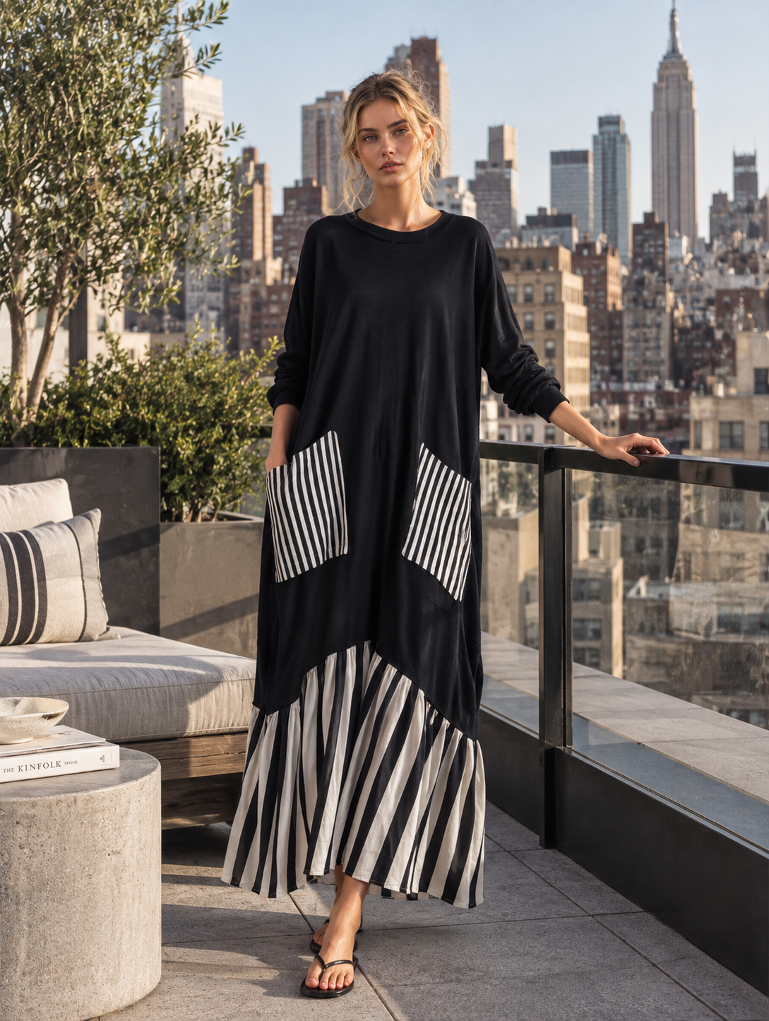 Alba™ | Vestido Comprido Oversize de Algodão com Riscas