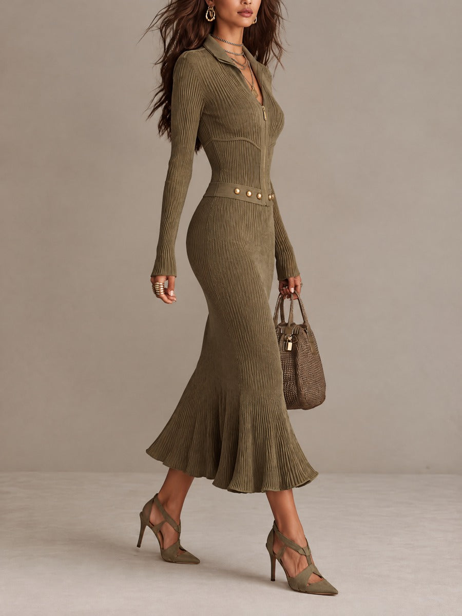 Marta™ | Vestido Midi de Malha Canelada com Fecho e Cinto de Tachas