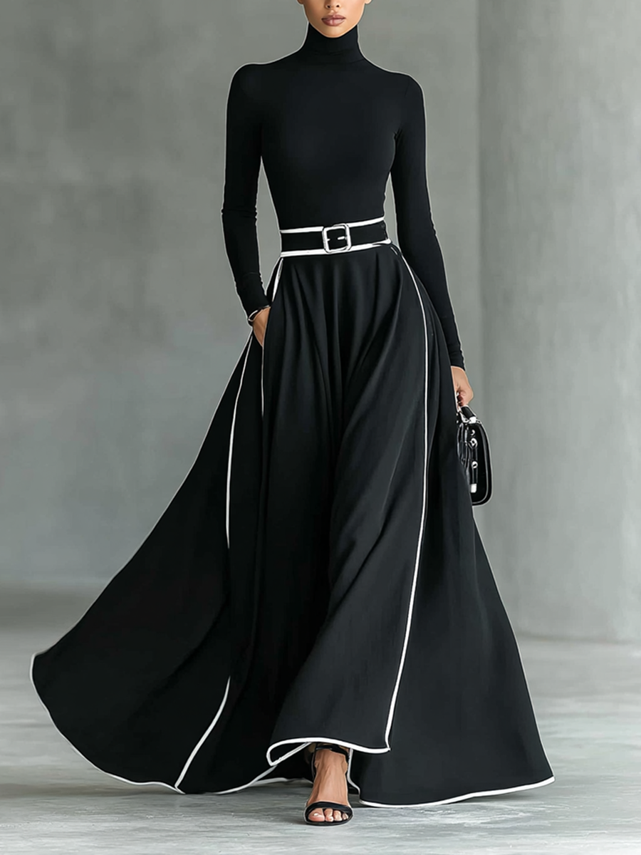 Gina™ | Vestido Comprido com Gola Alta, Pespontos Brancos e Cinto