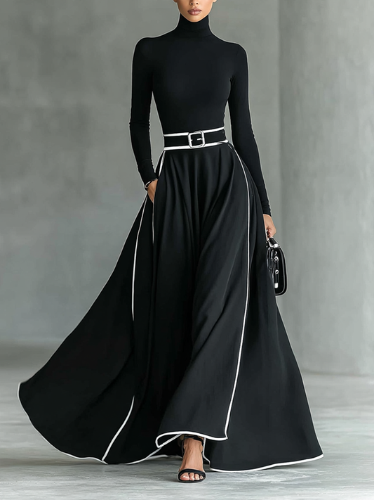 Gina™ | Vestido Comprido com Gola Alta, Pespontos Brancos e Cinto