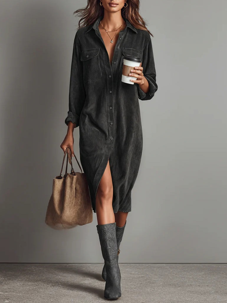 Béatrice™ | Vestido Midi em Veludo Cotelê com Bolsos e Abotoamento Simples