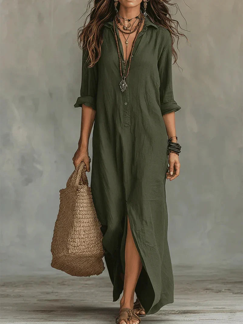 Céline™ | Vestido Maxi Preto Largo com Botões