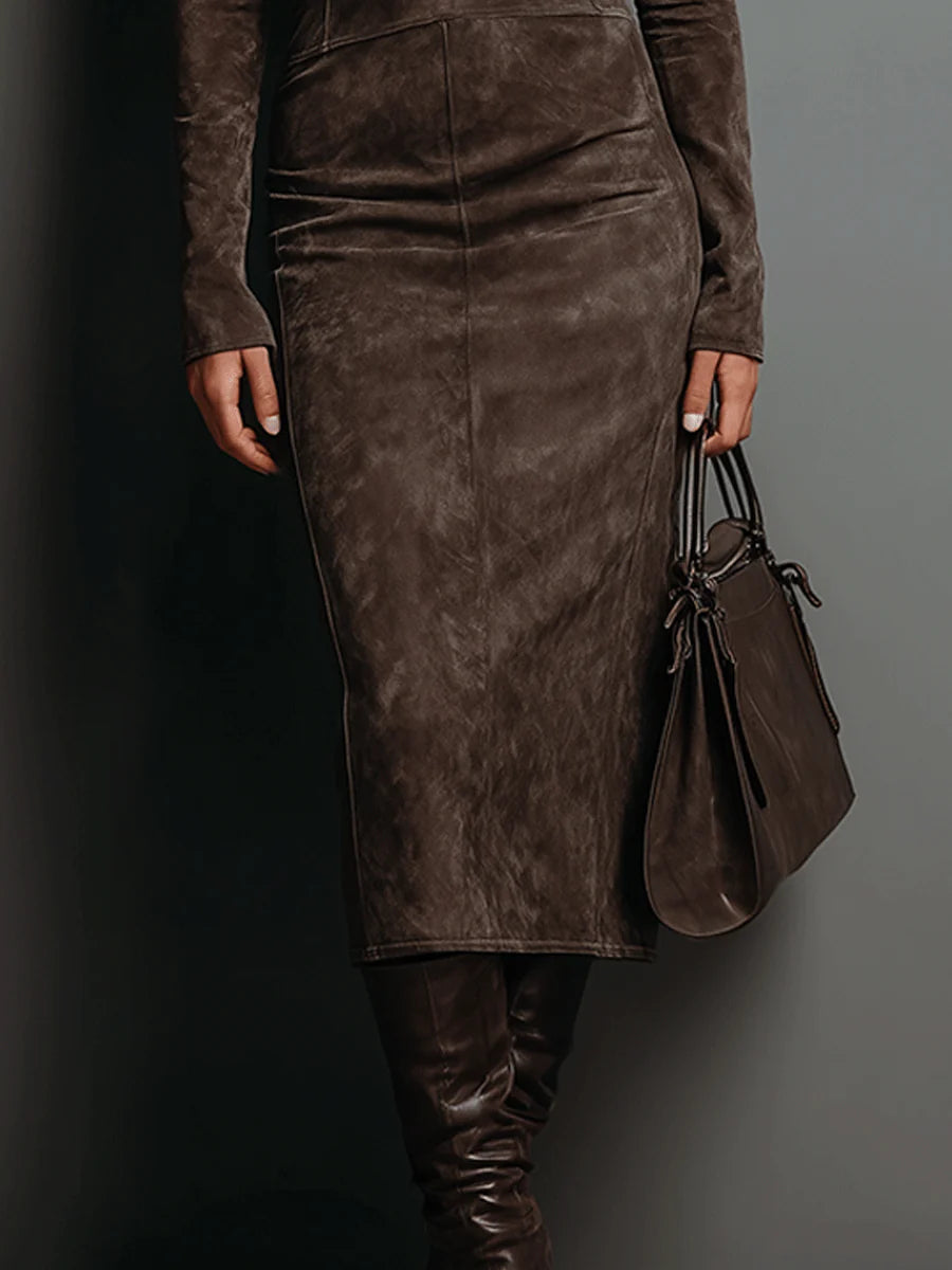 Lorène™ | Vestido Midi Castanho Efeito Camurça