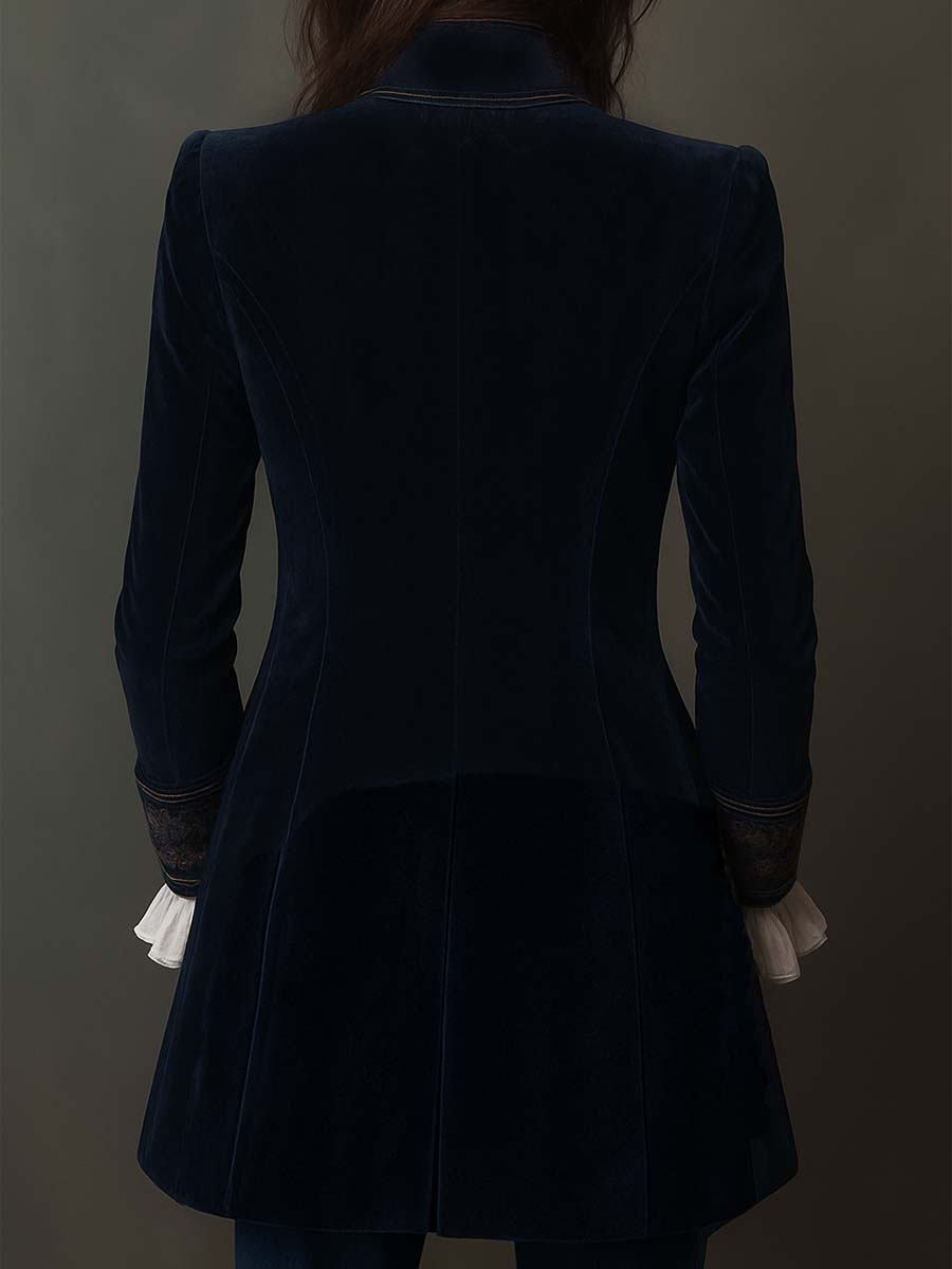 Perrine™ | Casaco comprido vintage para mulher azul-marinho bordado