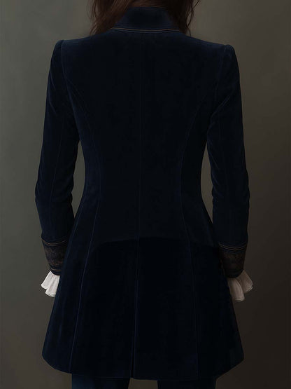 Perrine™ | Casaco comprido vintage para mulher azul-marinho bordado