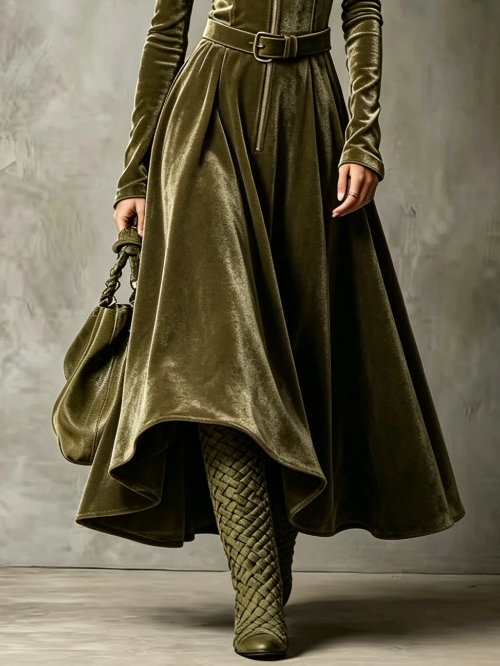 Vega™ | Vestido Comprido de Veludo com Fecho Frontal e Cinto