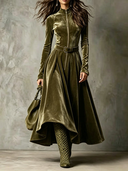 Vega™ | Vestido Comprido de Veludo com Fecho Frontal e Cinto