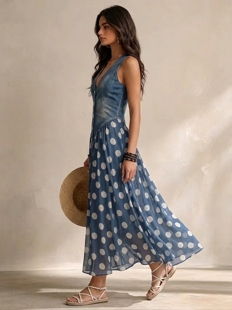 Benedita™ | Vestido Comprido Efeito Ganga com Bolinhas