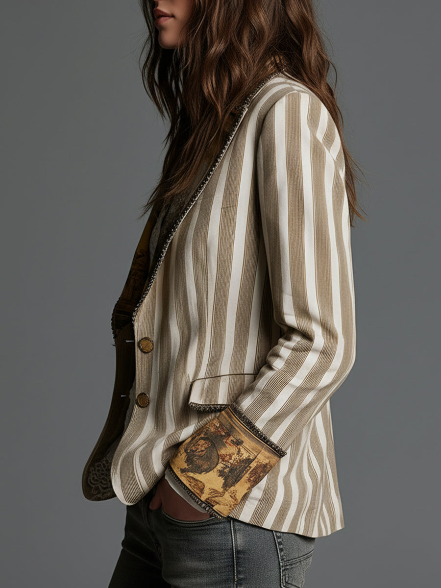 Maëlys™ | Blazer para mulher com lapelas e padrão às riscas boémio
