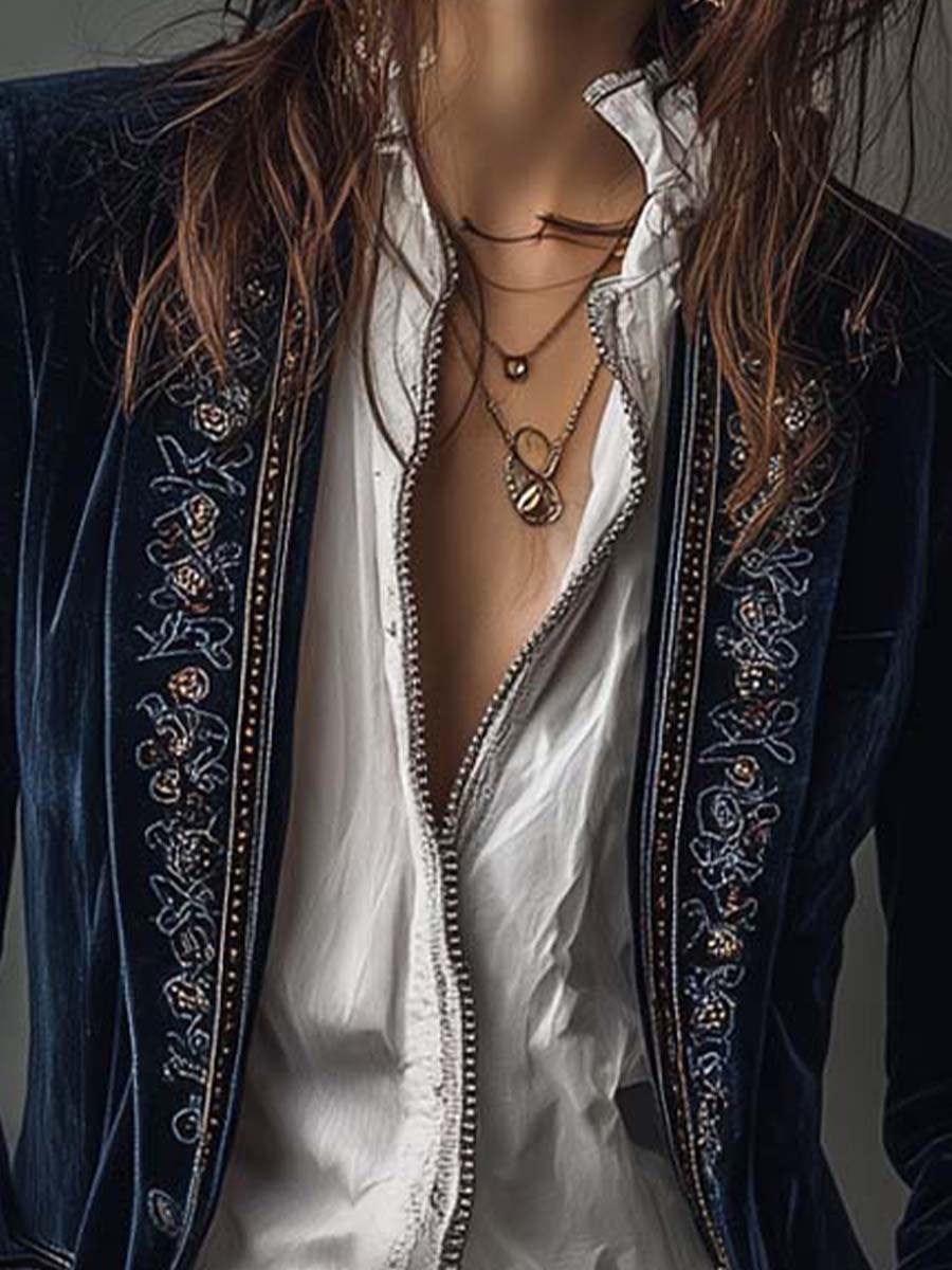 Perrine™ | Casaco comprido vintage para mulher azul-marinho bordado